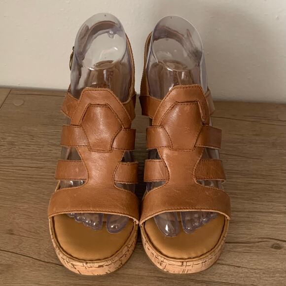 BORN Wedge Platform Sandal Bernese Cage Brown Leather Cork 9 US Buckle Slingback - Picture 2 of 15
